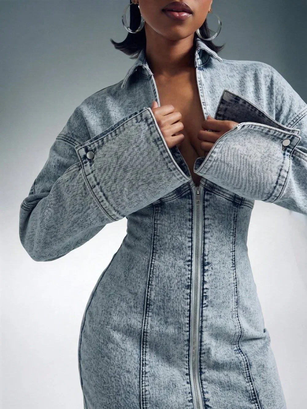Light Wash Casual Women's Washed Front Zipper Slim Fit Mini Denim Dress